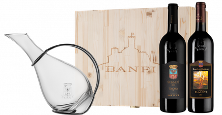 Вино Набор вин Brunello и Summus+декантер, (115526), gift box в подарочной упаковке, 0.75 л, Набор вин Банфи: Суммус 2015, Брунелло ди Монтальчино 2013 и декантер цена 29650 рублей