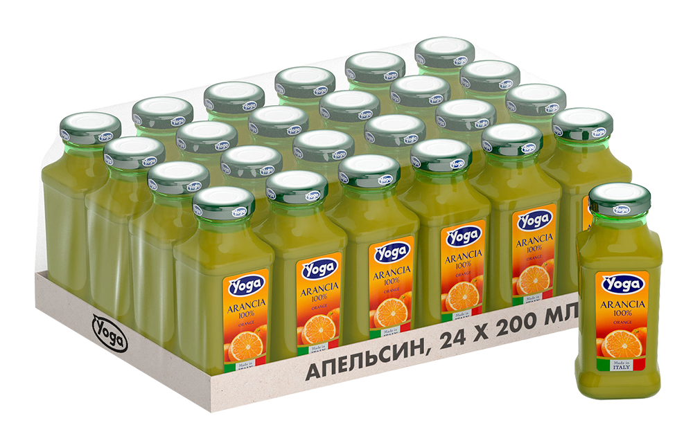 Сок апельсиновый Yoga (24 шт.), 0.2л, (96219), Италия, Эмилия-Романья, стекло, 0.2 л, Фруктовый сок апельсиновый востановленный Йога, цена 6600 рублей