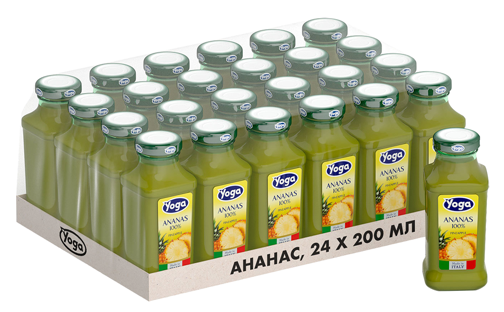 Сок ананасовый Yoga (24 шт.), 0.2л, (96218), Италия, Эмилия-Романья, стекло, 0.2 л, Фруктовый сок ананасовый восстановленный Йога, цена 6600 рублей