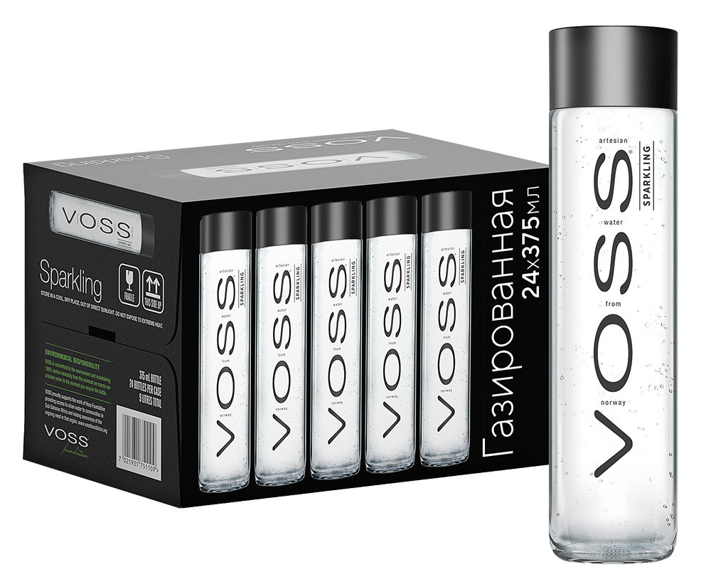 Вода газированная VOSS (24 шт.), 0.375л, (122324), Норвегия, Ватнестром, стекло, 0.375 л, ВОСС (газированная), цена 13080 рублей
