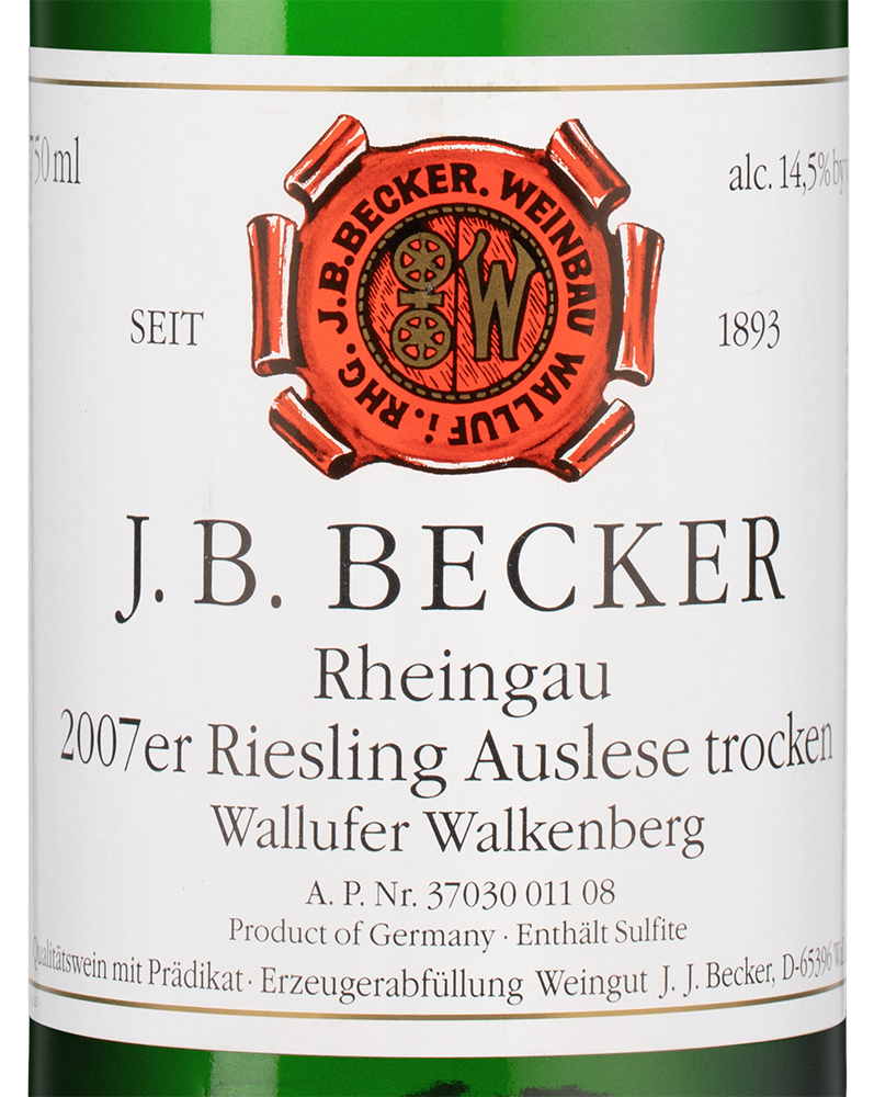 Вино Wallufer Walkenberg Riesling Auslese Trocken, J. B. Becker, 2007, (141901), Германия, Рейнгау, белое, полусухое, 0.75 л, Рислинг Валлуфер Валькенберг Ауслезе, цена 16490 рублей