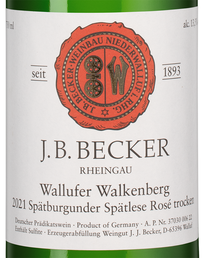 Вино Wallufer Walkenberg Spatburgunder Spatlese Rose, J. B. Becker, 2021, (141893), Германия, Рейнгау, розовое, сухое, 0.75 л, Шпетбургундер Валлуфер Валькенберг Шпетлезе Розе, цена 6290 рублей