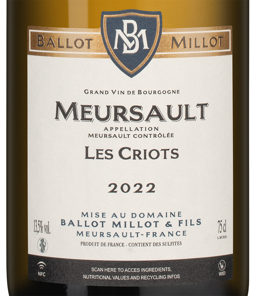 Вино Meursault Les Criots, Domaine Ballot Millot et Fils, 2022, (148988), Франция, Бургундия, белое, сухое, 0.75 л, Мерсо Ле Крио, цена 29990 рублей