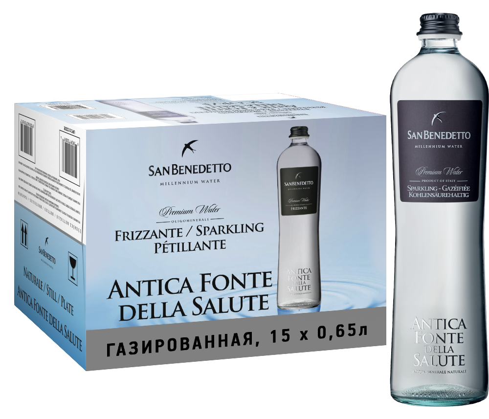 Вода газированная San Benedetto Antica Fonte (15 шт.), 0.65л, (106055), Италия, Венето, стекло, 0.65 л, Сан Бенедетто Антика Фонте (газированная), цена 9675 рублей