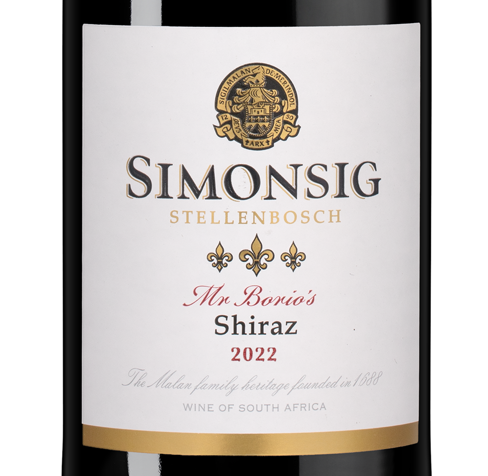 Вино Shiraz Mr Borio's, Simonsig, 2022, (155021), Южная Африка, Стелленбош, красное, сухое, 0.75 л, Шираз Мистер Борио, цена 3990 рублей