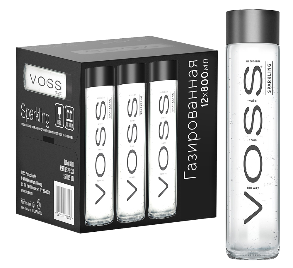 Вода газированная VOSS (12 шт.), 0.8л, (122325), Норвегия, Ватнестром, стекло, 0.8 л, ВОСС (газированная), цена 11340 рублей