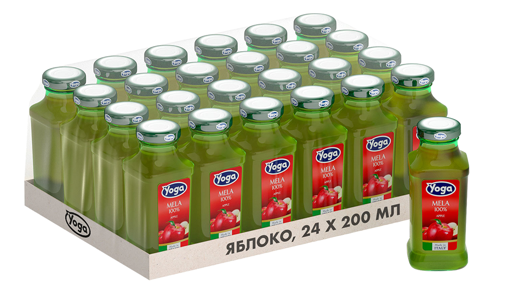 Сок яблочный Yoga (24 шт.), 0.2л, (96208), Италия, Эмилия-Романья, стекло, 0.2 л, Фруктовый сок яблочный восстановленный Йога, цена 6600 рублей