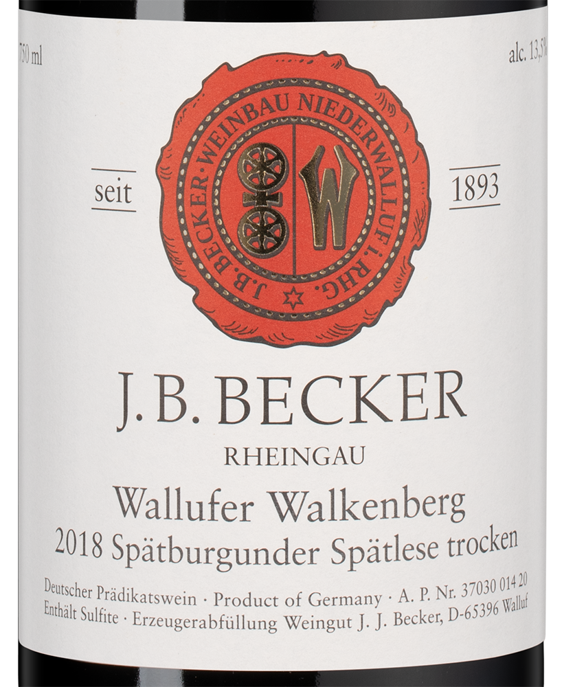 Вино Wallufer Walkenberg Spatburgunder Spatlese, J. B. Becker, 2018, (141896), Германия, Рейнгау, красное, сухое, 0.75 л, Шпетбургундер Валлуфер Валькенберг Шпетлезе, цена 12990 рублей